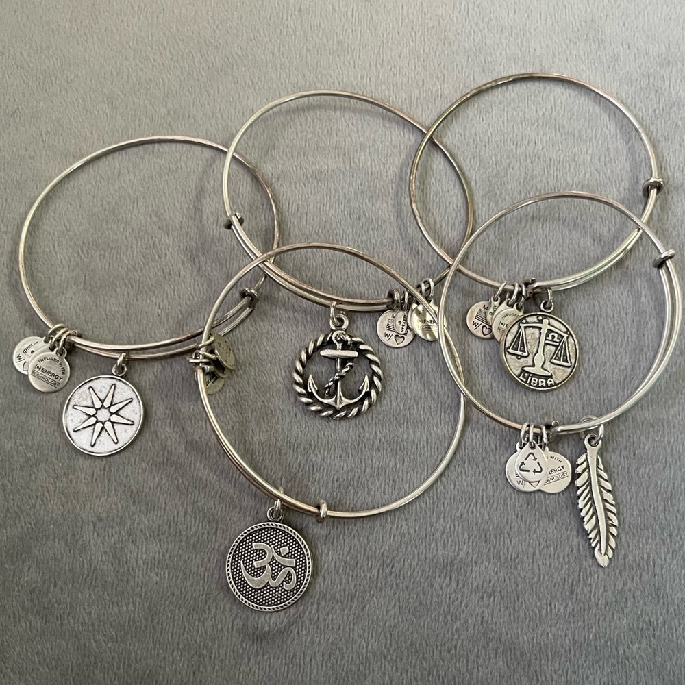 Lot of FIVE Alex & Ani bangle bracelets! Libra, Ohm, Feather, Anchor, Sun Dial